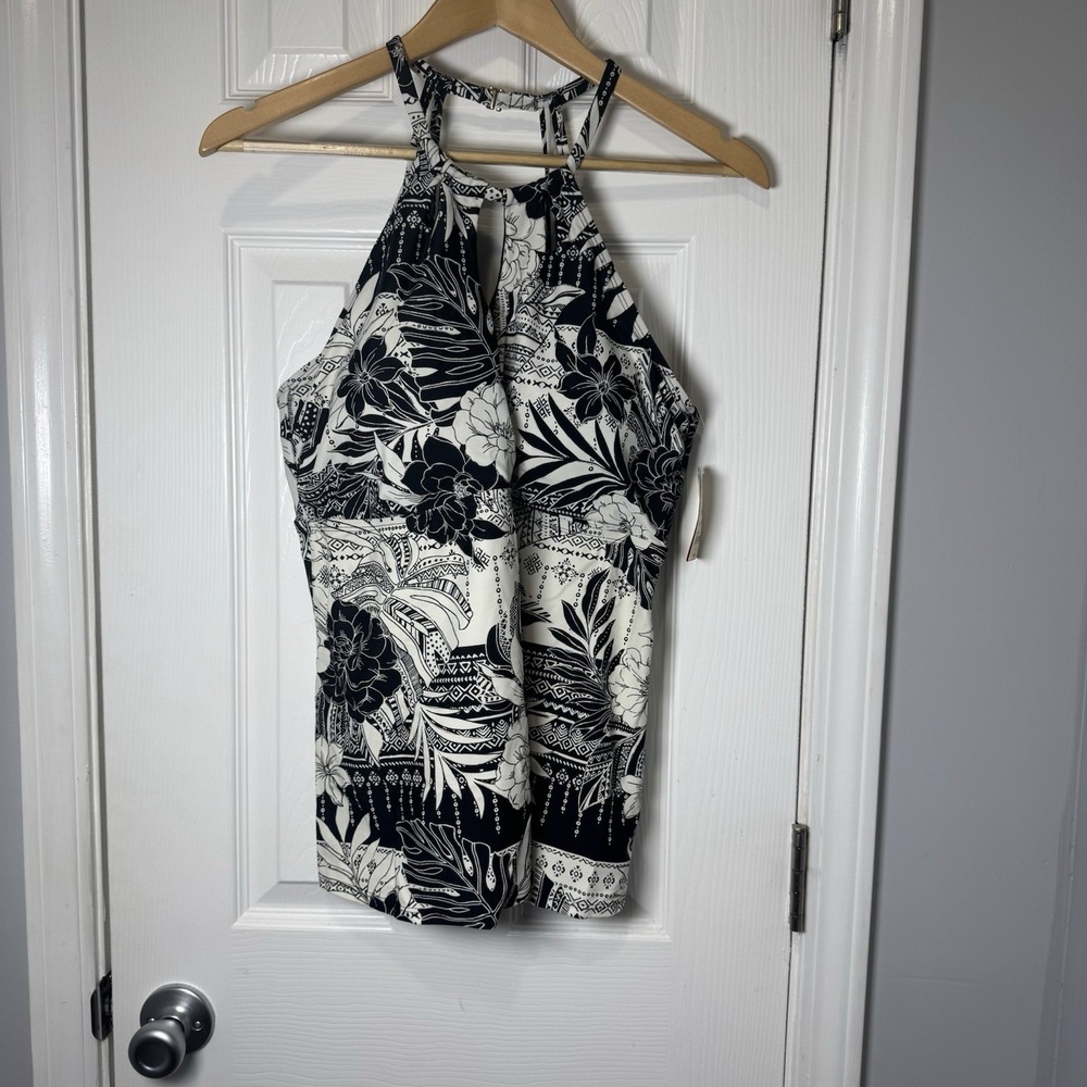 St Johns Bay Tankini Halter Womens Size 18 Black White‎ Floral Swim NWT